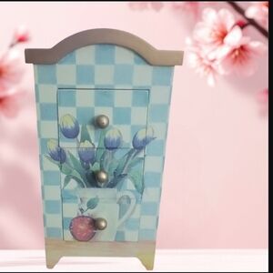 Blue Checkered Trinket Jewelry Wooden Chest, Distressed Look Multicolor Feminine